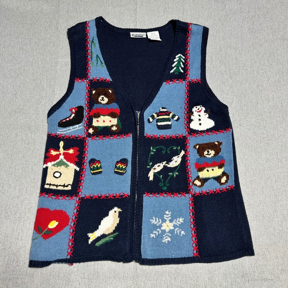 Capacity Womens Winter Christmas Sweater Vest Medium Patchwork Zip Grandmacore